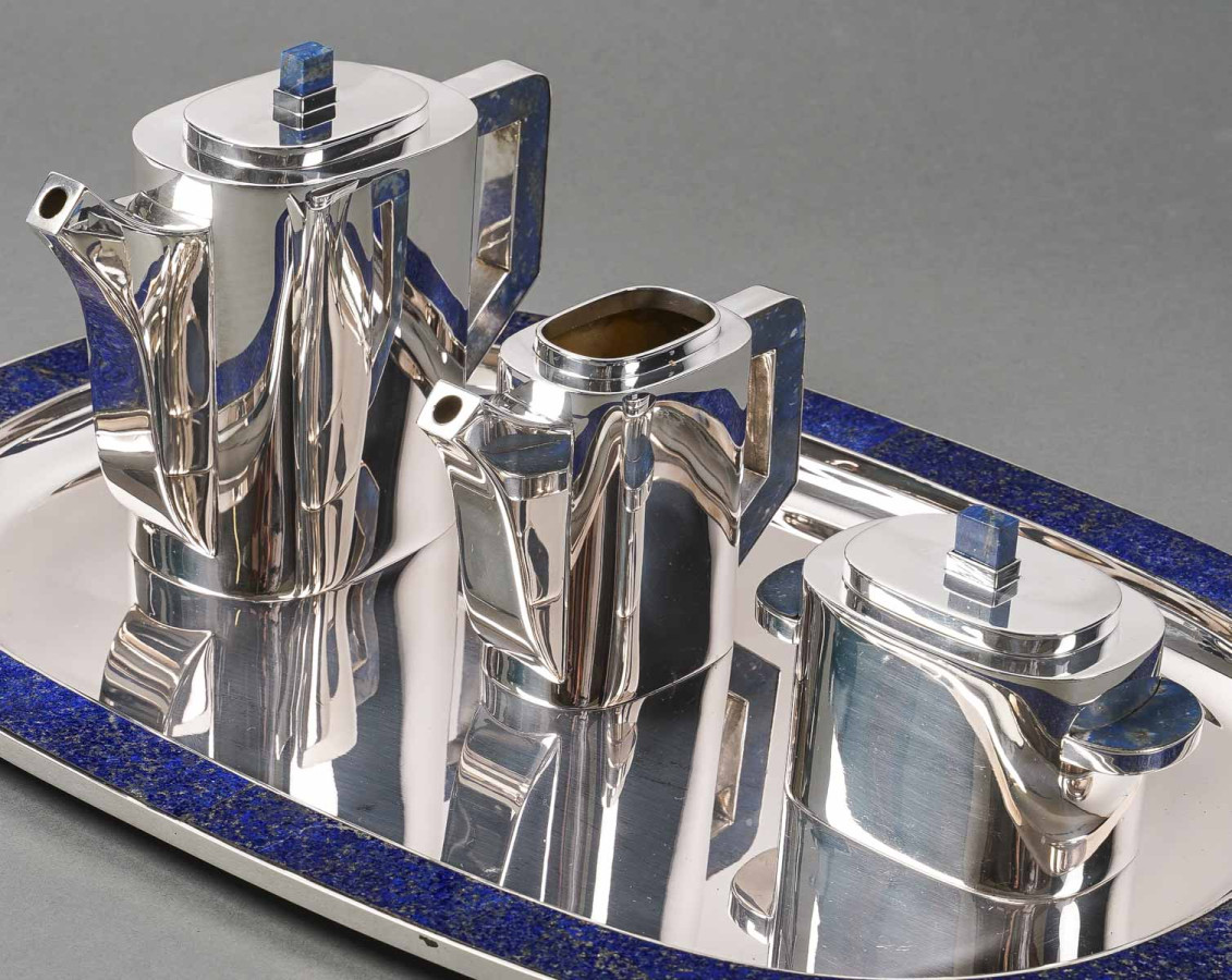 CHRISTIAN DIOR 20th - RARE TEA SERVICE ON ITS SOLID SILVER AND LAPIS LAZULI TRAY