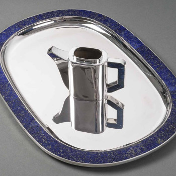 CHRISTIAN DIOR XXème- RARE SERVICE À THÉ SUR SON PLATEAU ARGENT MASSIF ET LAPIS LAZULI