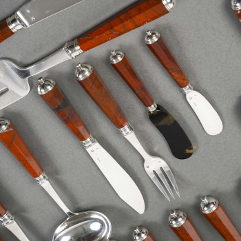 PETER & RAVINET D’ENFERT - 101 PIECE SOLID SILVER CUTLERY SET & BLOODJASPER HANDLES 20TH CENTURY