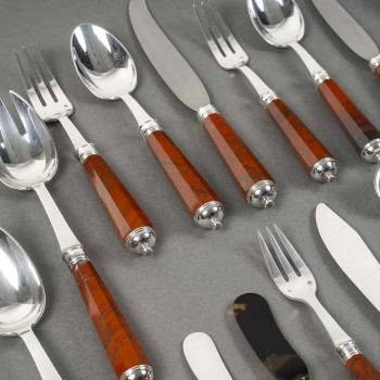 PETER & RAVINET D’ENFERT - 101 PIECE SOLID SILVER CUTLERY SET & BLOODJASPER HANDLES 20TH CENTURY