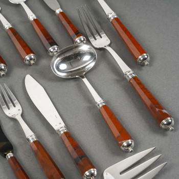 PETER & RAVINET D’ENFERT - 101 PIECE SOLID SILVER CUTLERY SET & BLOODJASPER HANDLES 20TH CENTURY