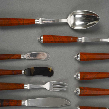 PETER & RAVINET D’ENFERT - 101 PIECE SOLID SILVER CUTLERY SET & BLOODJASPER HANDLES 20TH CENTURY