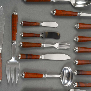 PETER & RAVINET D’ENFERT - 101 PIECE SOLID SILVER CUTLERY SET & BLOODJASPER HANDLES 20TH CENTURY