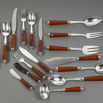 PETER & RAVINET D’ENFERT - 101 PIECE SOLID SILVER CUTLERY SET & BLOODJASPER HANDLES 20TH CENTURY