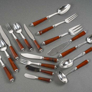 PETER & RAVINET D’ENFERT - 101 PIECE SOLID SILVER CUTLERY SET & BLOODJASPER HANDLES 20TH CENTURY