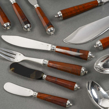 PETER & RAVINET D’ENFERT - 101 PIECE SOLID SILVER CUTLERY SET & BLOODJASPER HANDLES 20TH CENTURY