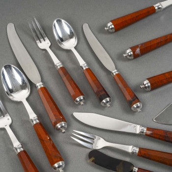 PETER & RAVINET D’ENFERT - 101 PIECE SOLID SILVER CUTLERY SET & BLOODJASPER HANDLES 20TH CENTURY