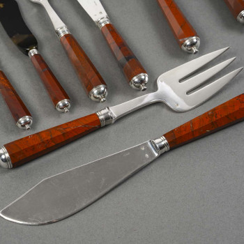 PETER & RAVINET D’ENFERT - 101 PIECE SOLID SILVER CUTLERY SET & BLOODJASPER HANDLES 20TH CENTURY