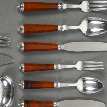 PETER & RAVINET D’ENFERT - 101 PIECE SOLID SILVER CUTLERY SET & BLOODJASPER HANDLES 20TH CENTURY