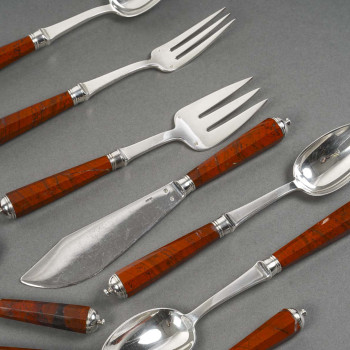 PETER & RAVINET D’ENFERT - 101 PIECE SOLID SILVER CUTLERY SET & BLOODJASPER HANDLES 20TH CENTURY