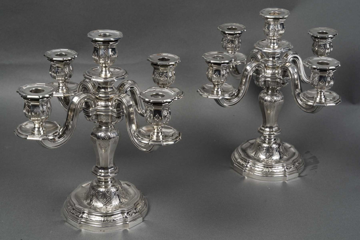 Orfèvre TETARD – Paire de Candélabres 5 lumières en argent massif XXe