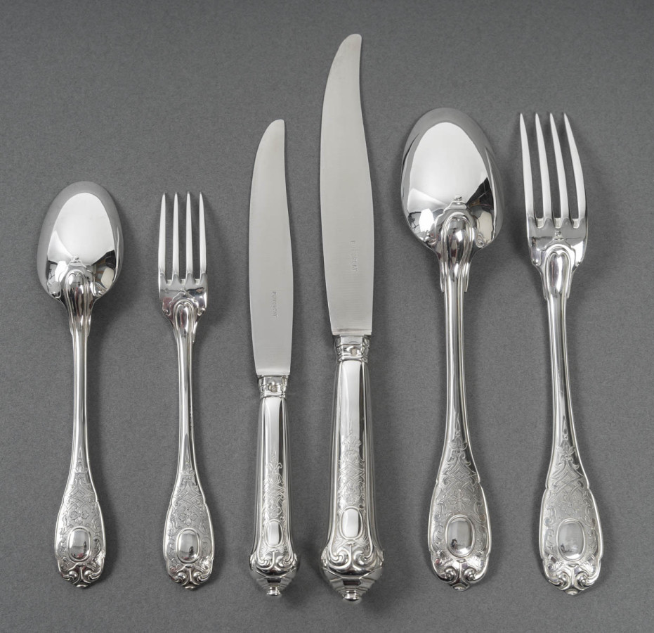 JEAN PUIFORCAT – 72-Pieces Solid Silver Cutlery Set – ELYSEE  Model, unnumbered.