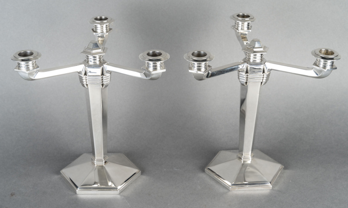 JEAN E. PUIFORCAT – Pair of solid silver candelabra ARTDECO period circa 1930